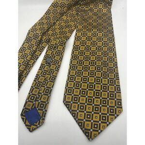 Edgar Pomeroy Mens Silk Tie Gold Black Geometric Square Pattern Classic Necktie